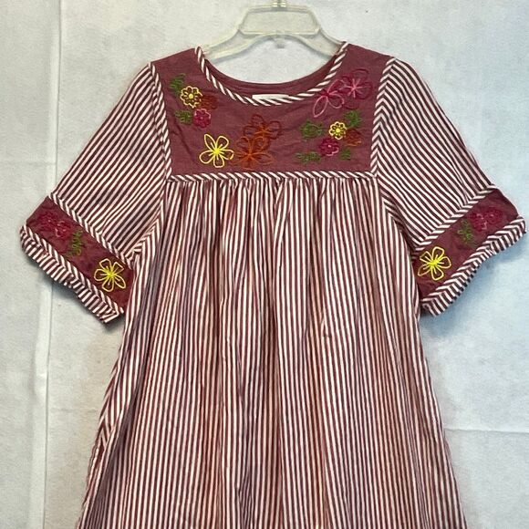 BECHAMEL Embroidered Floral Cotton Dress Small Red White Stripes Pockets Garden - Picture 3 of 15